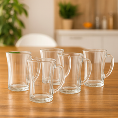 Clear Flared Glass Juice Mug 320 ml with Handle – Set of 6 | Elegant Everyday Drinkware for Home & Café - Habitt