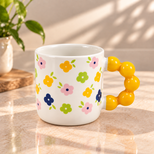 Floral Bubble Handle Ceramic Mug