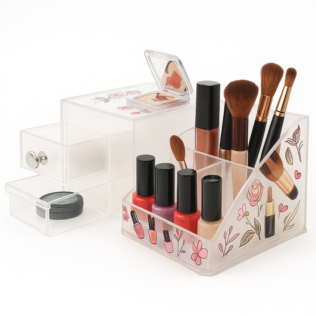 Clear Beauty Organizer – Multi-Slot Floral Makeup Holder with Drawer - Habitt