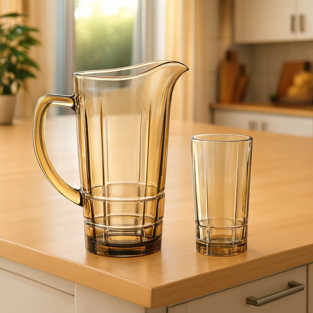 Smoke-Tinted 7-Piece Water Set – 1.7 L Jug with 278 ml Glasses (Premium Panel-Design Glassware) - Habitt