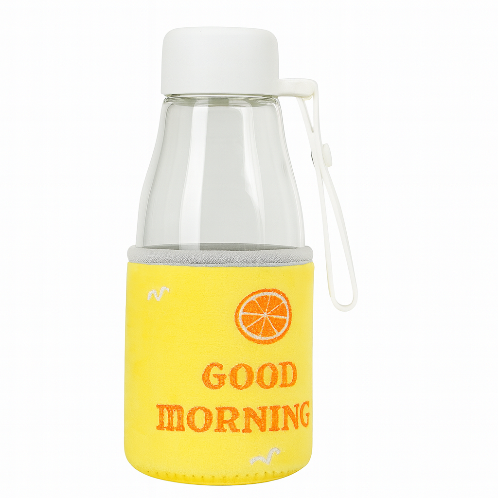 Glass Water Bottle with Yellow “Good Morning” Insulated Sleeve – Leak-Proof Clear Bottle for Office, School & Daily Hydration - Habitt