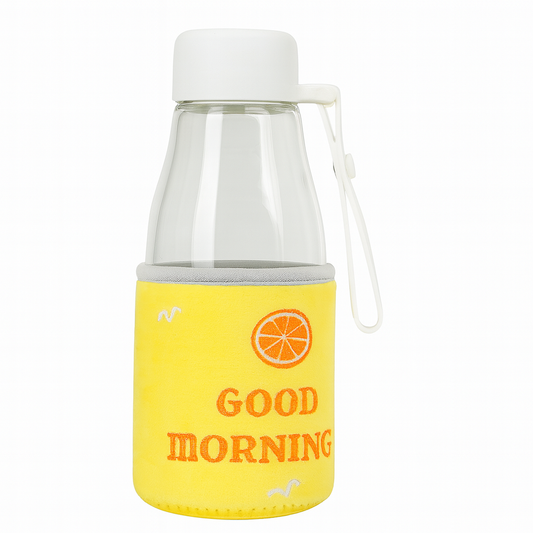 Glass Water Bottle with Yellow “Good Morning” Insulated Sleeve – Leak-Proof Clear Bottle for Office, School & Daily Hydration - Habitt