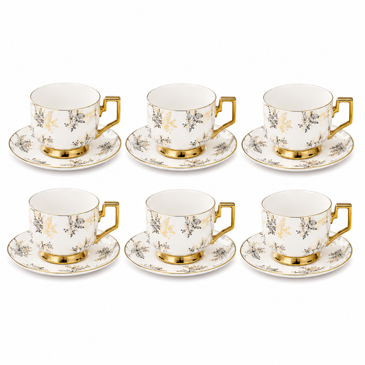 Golden Handle Porcelain Cup & Saucer Set – White Floral Tea Set