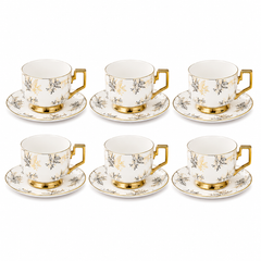 Golden Handle Porcelain Cup & Saucer Set – White Floral Tea Set