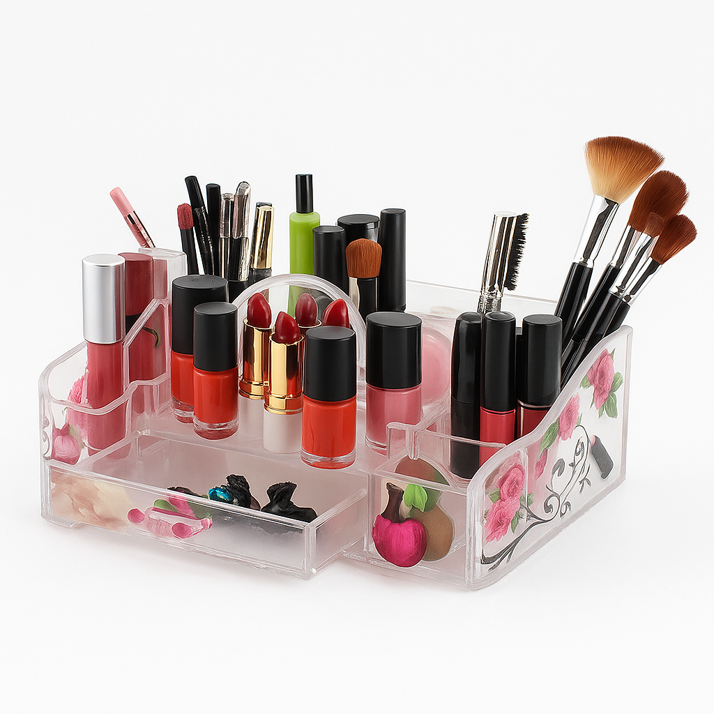 Elegant Clear Acrylic Beauty Organizer “8001-F” – Floral Pattern Multi-Compartment Makeup &amp; Brush Holder - Habitt