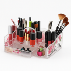 Elegant Clear Acrylic Beauty Organizer “8001-F” – Floral Pattern Multi-Compartment Makeup &amp; Brush Holder - Habitt