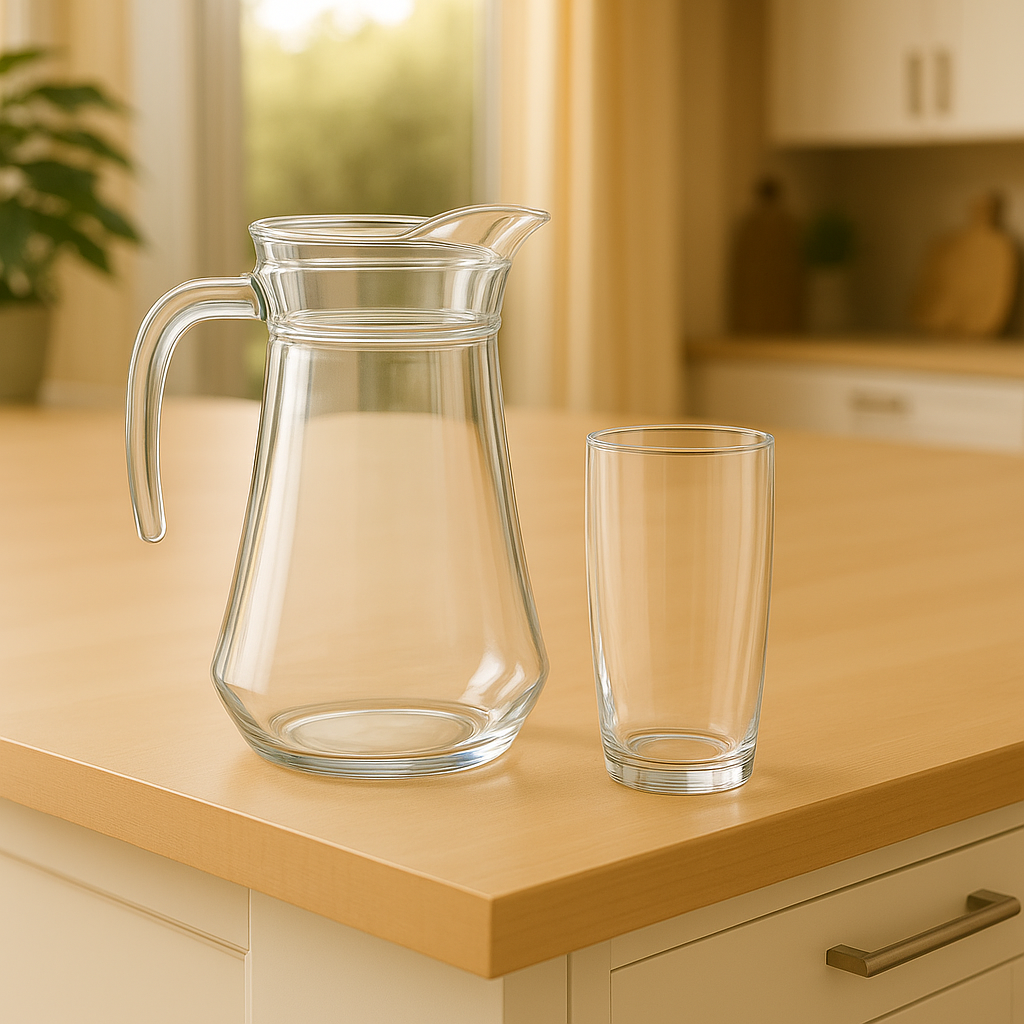 Classic Clear Glass Water Set – 7-Piece Set (1.6 L Jug + 365 mL Glasses) - Habitt