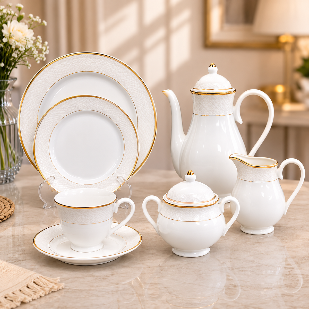 Gold Line GGK Tea Kettle Set 24 Pieces | Ceramic Tea Serving Set