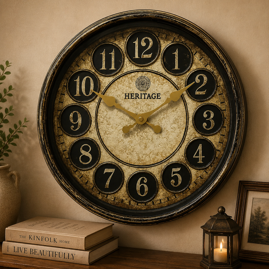 Oxford Heritage 14" Antique Wall Clock – Vintage Round Design with Aged Dial & Golden Hands, Decorative Plastic Frame