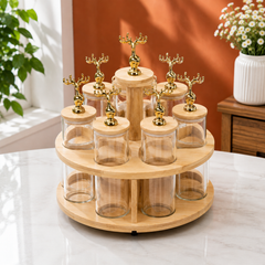 7 Piece Transparent Rotating Jar Set with Wooden Stand | Kitchen Storage Organizer