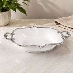 Elegant Silver Trim Serving Bowl with Decorative Handles | Premium Ceramic Serving Bowl