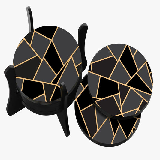 Geolux Black & Gold Geometric Coaster Set with Holder – Modern Luxury Drink Coasters - Habitt