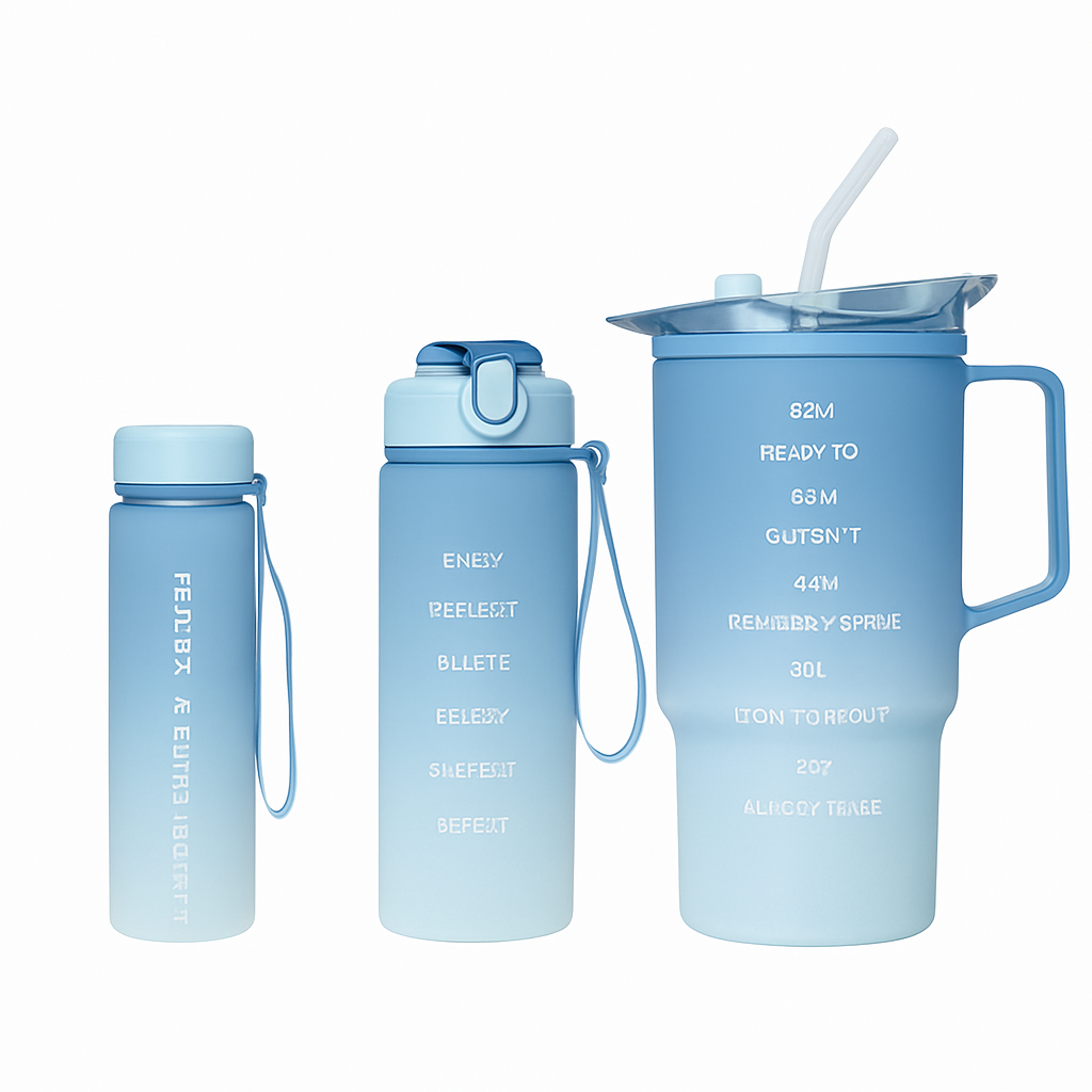3-Piece Gradient Plastic Water Bottle Set – Leak-Proof Hydration Bottles in Purple, Pink, Blue & Green - Habitt