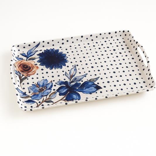 Crystal Serving Tray – Medium Blue Floral & Polka Dot Design - Habitt