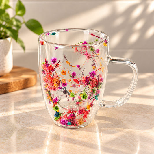 Mixed Floral Glass Mug – 450ml Transparent Multicolor Flower Coffee & Tea Mug