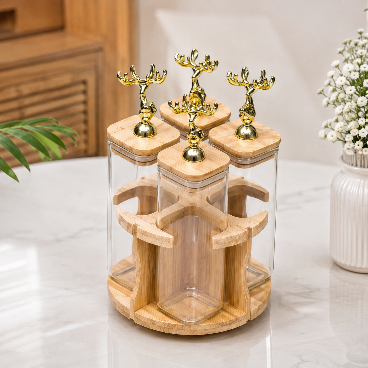 4 Piece Transparent Rotating Jar Set with Wooden Stand | Kitchen Storage Organizer