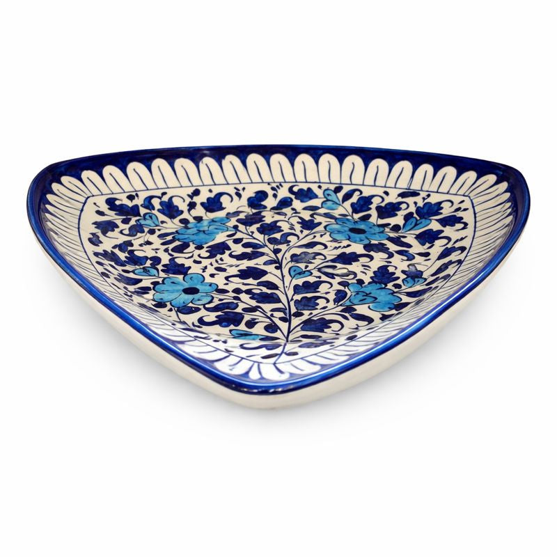 Handcrafted Ceramic Triangle Platter – Blue Floral Art (12 × 12 × 12 Inches) - Habitt