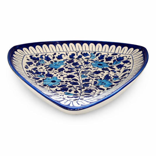 Handcrafted Ceramic Triangle Platter – Blue Floral Art (12 × 12 × 12 Inches) - Habitt
