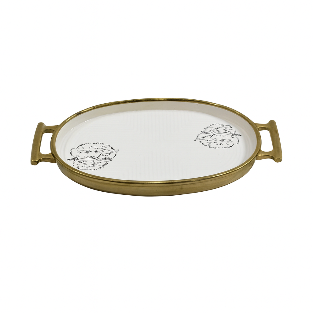 Serving Plate (W/BASE) – Oval White Ceramic Tray with Gold Handles - Habitt