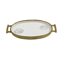 Serving Plate (W/BASE) – Oval White Ceramic Tray with Gold Handles - Habitt