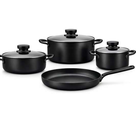 Lena 7 Pcs Cookware Set – Classic Matte Black Nonstick Aluminium Set - Habitt