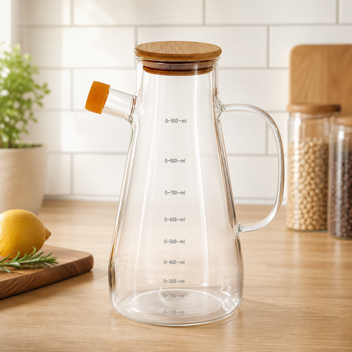 Glass Oil Dispenser Bottle with Bamboo Lid – 900ml Leakproof Pourer - Habitt