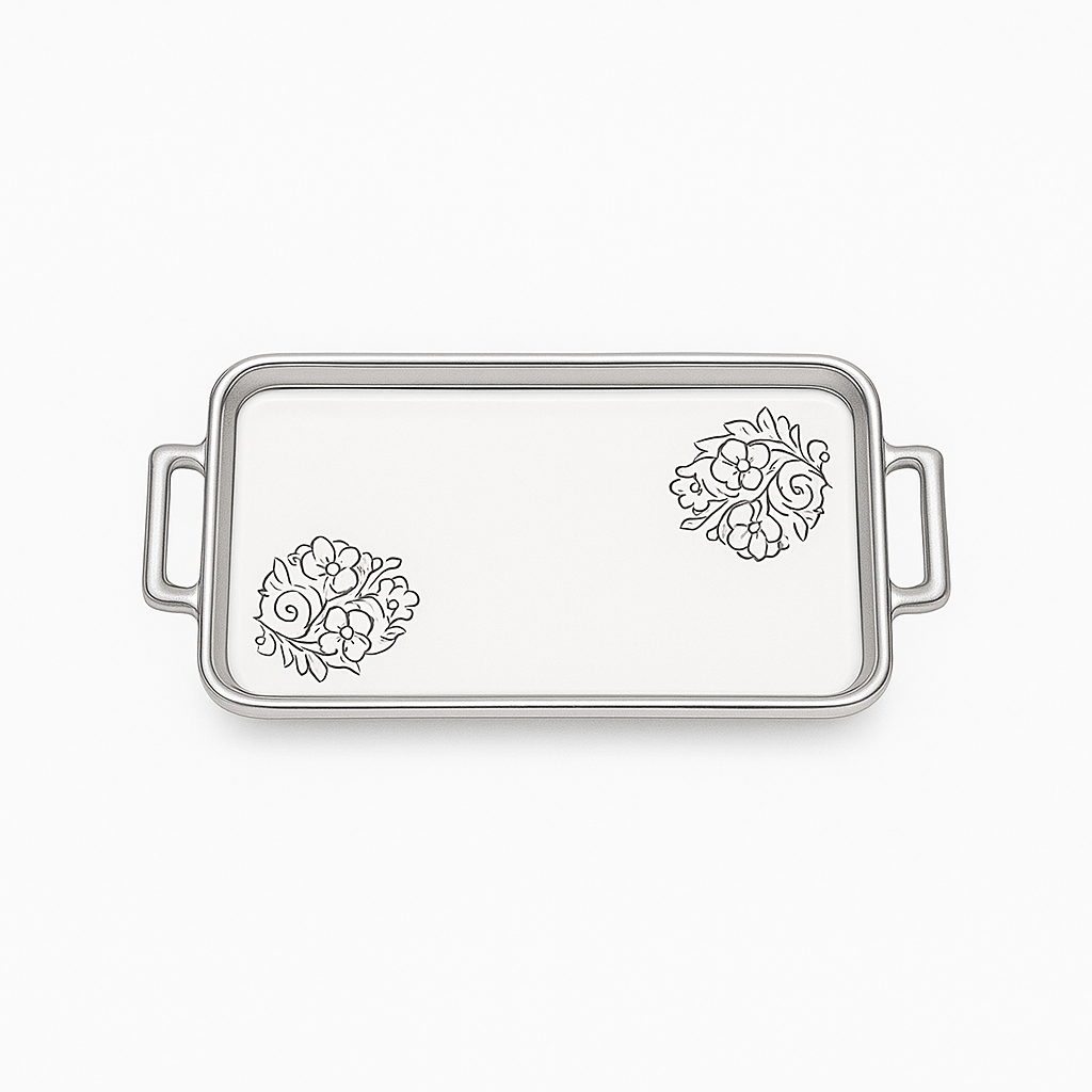 Serving Plate Flat Small (with Base) – White Ceramic Tray with Silver Handles - Habitt