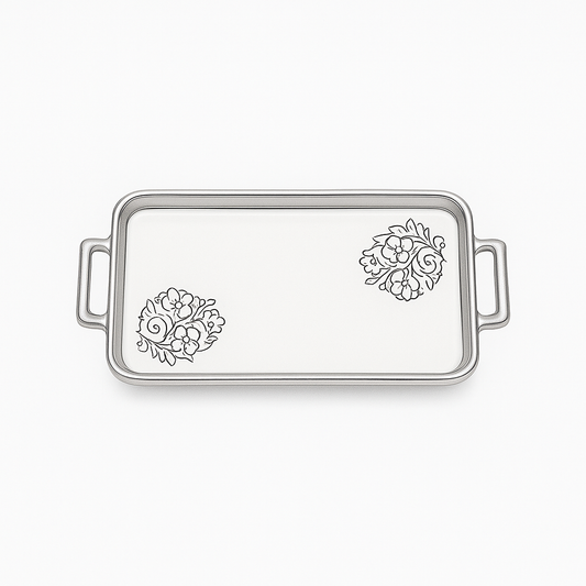 Serving Plate Flat Small (with Base) – White Ceramic Tray with Silver Handles - Habitt
