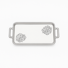 Serving Plate Flat Small (with Base) – White Ceramic Tray with Silver Handles - Habitt
