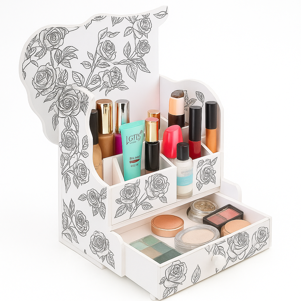 White Floral Beauty Organizer – Multi-Slot Makeup Holder with Drawer - Habitt
