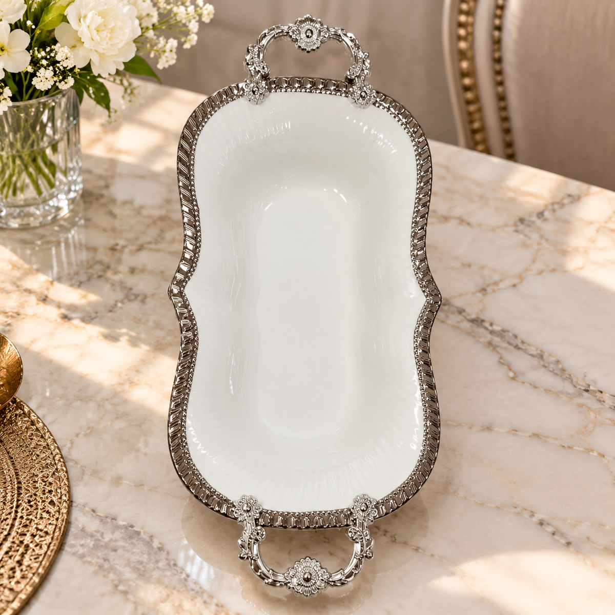 Exquisite Serving Bowl with Gold Handles | Elegant Serving Bowl for Dining
