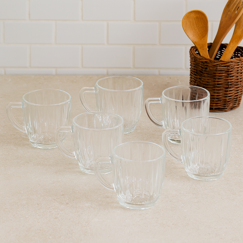 Clear Ribbed Glass Mug – Premium 250 ml Deli Glassware (Set of 6) - Habitt