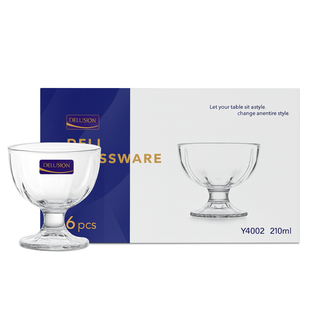 Clear Pressed-Glass Ice Cream Cups – 6-Piece Footed Dessert Set, 210 ml Capacity (Y4002) - Habitt