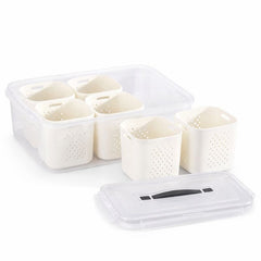 Plastic Crisper Box with 6 Partitions – Refrigerator Storage Organizer with Removable Baskets & Lid - Habitt