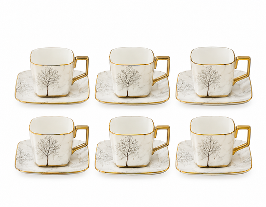 Porcelain Cup & Saucer Set – White Floral with Gold Handle