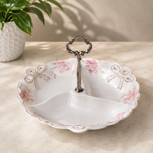 9'' Floral 3-Section Pastry Stand | Ceramic Dessert & Snack Serving Platter
