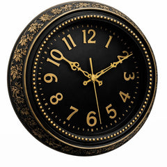 Heritage Hazel Wall Clock 14.5 Inch – Elegant Black & Gold Floral Design with Classic Numerals (Plastic)  Description - Habitt