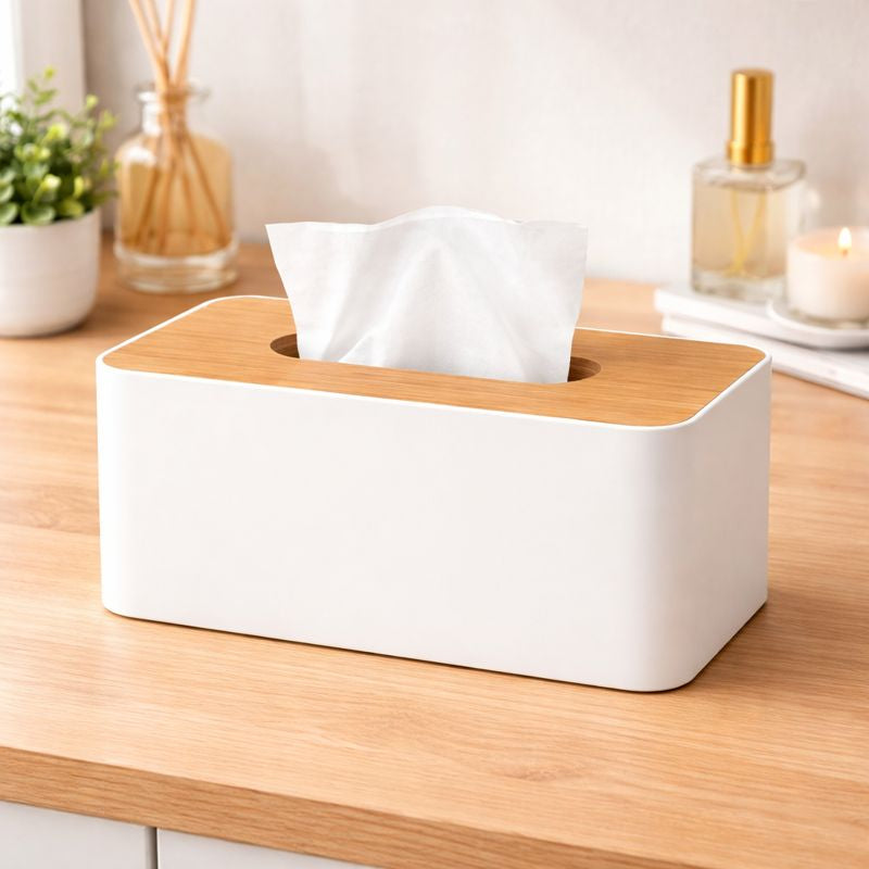 Modern Tissue Box Holder – White with Wooden Finish Lid - Habitt