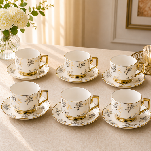 Golden Handle Porcelain Cup & Saucer Set – White Floral Tea Set