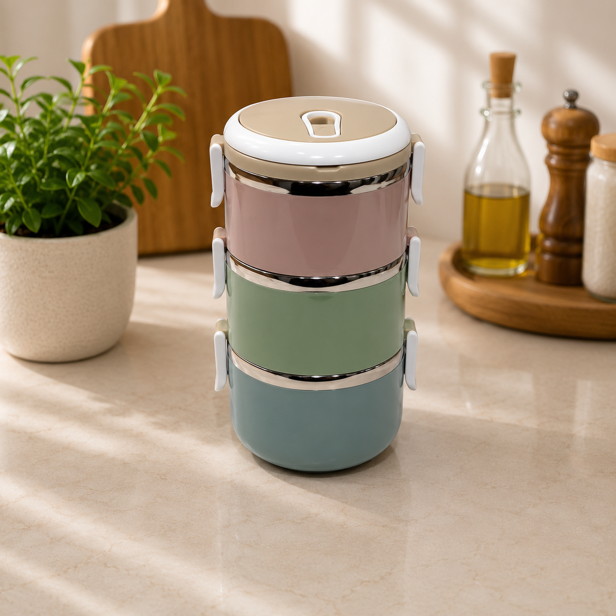 Lunch Box – 3 Layer (Inner Steel, Outer Plastic)