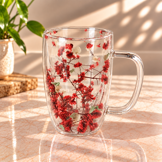 Pink Blossom Glass Mug – 450ml Floral Transparent Coffee & Tea Mug