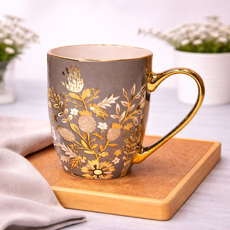 Ceramic Coffee Mug with Gold Handle – Floral Print Design (Blue, Pink, Grey) - Habitt
