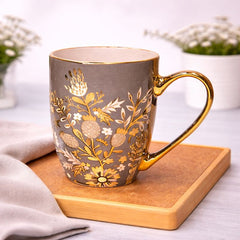 Ceramic Coffee Mug with Gold Handle – Floral Print Design (Blue, Pink, Grey) - Habitt