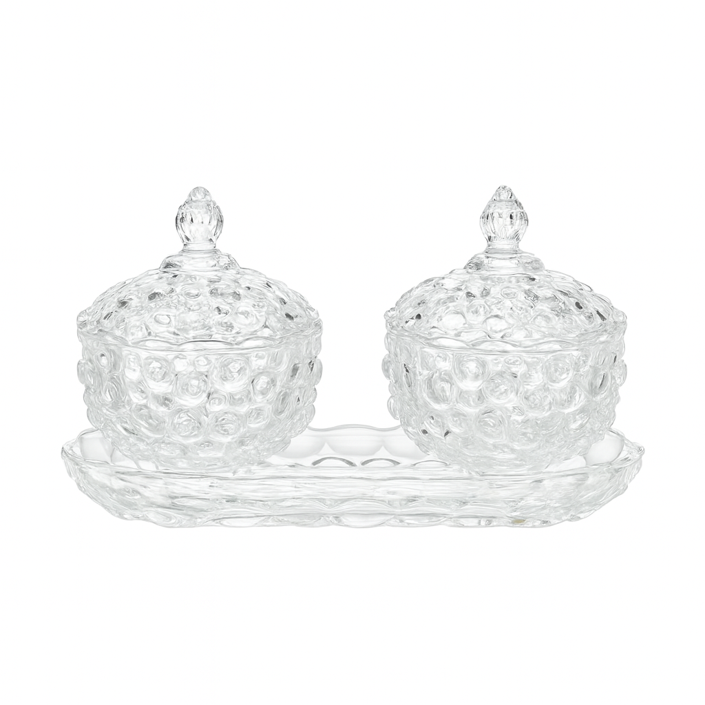 Textured Clear Glass 3-Piece Candy & Serving Set with Tray – Decorative Lidded Bowls - Habitt