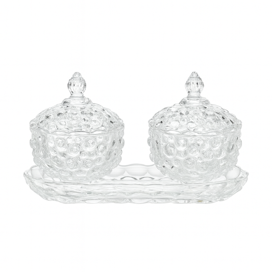 Textured Clear Glass 3-Piece Candy & Serving Set with Tray – Decorative Lidded Bowls - Habitt