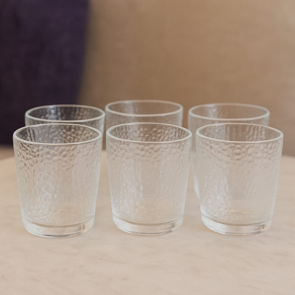 Hammered-Texture Tumbler Glass Set 335 ml – Premium Clear Everyday Drinkware (6 Pcs) - Habitt