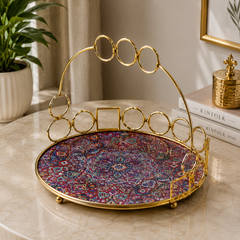 Luxury Gold Decorative Serving Tray with Printed Glass Base | Premium Rectangular Display Tray