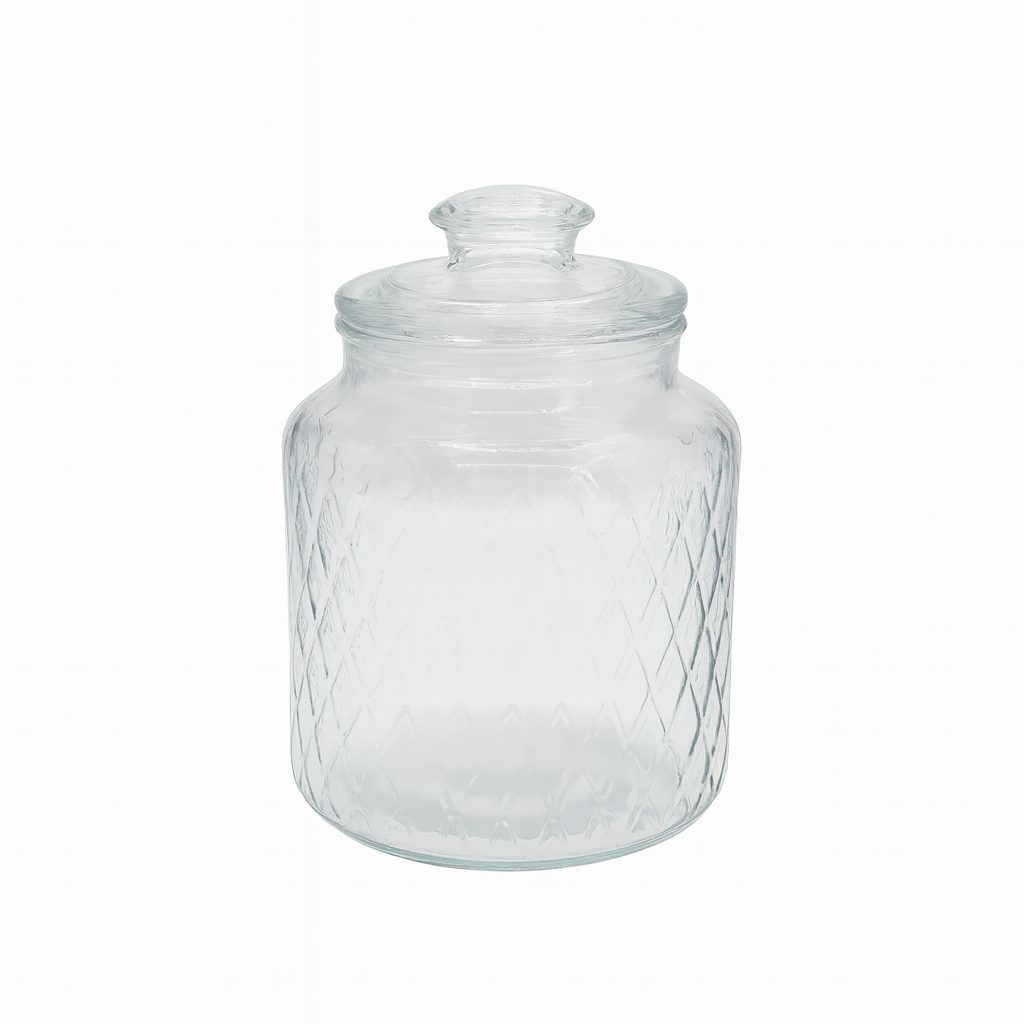 Clear Diamond-Pattern Pressed-Glass Storage Jar with Lid – 2200 ml Airtight Kitchen Container - Habitt
