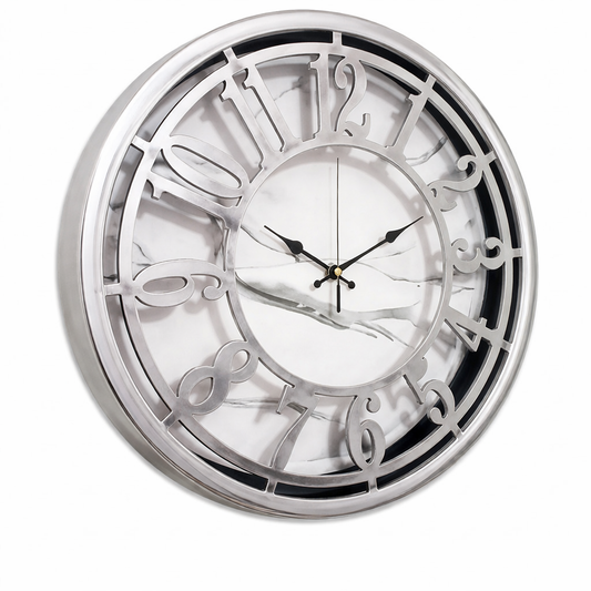 Majestic 15-Inch Heritage Wall Clock – Modern Silver Skeleton Wall Clock with Marble Effect Dial for Living Room, Office & Contemporary Home Décor - Habitt