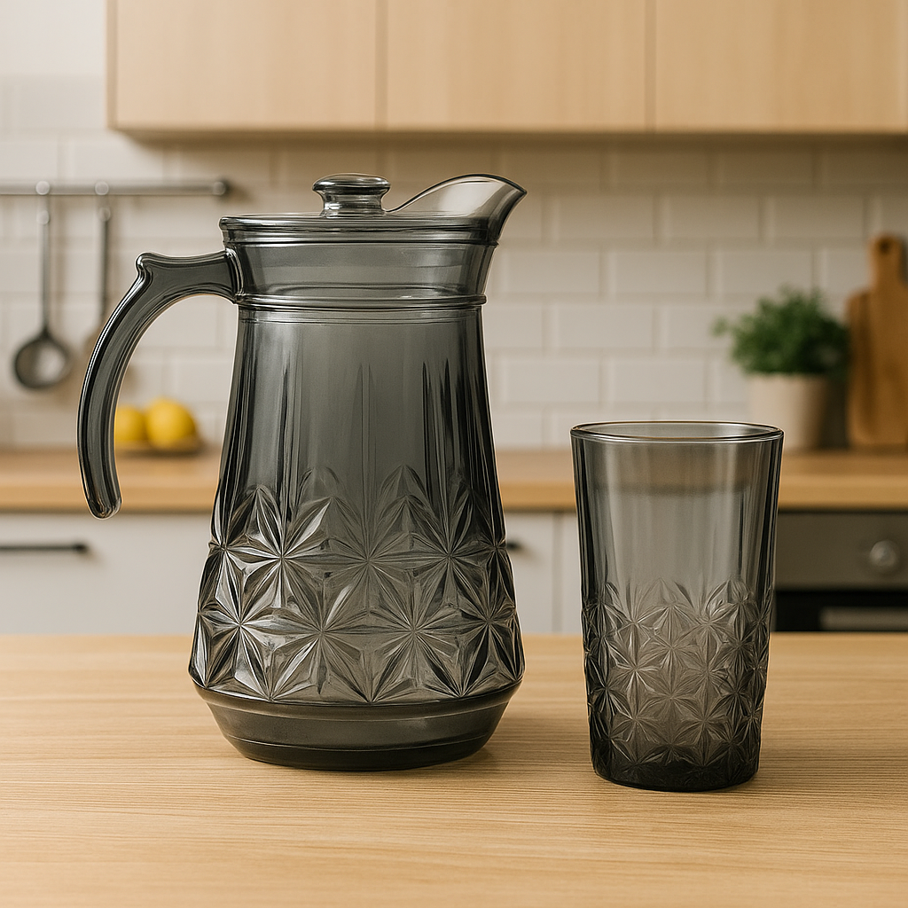 Smoke-Tinted 7-Piece Water Set – Star-Cut Design Jug & Tumblers (Pressed Glass) - Habitt